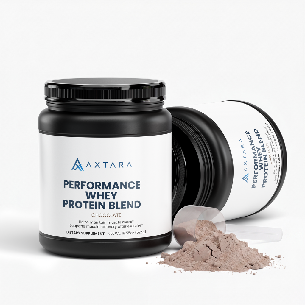AXTARA Whey Protein Chocolate tub, angled view