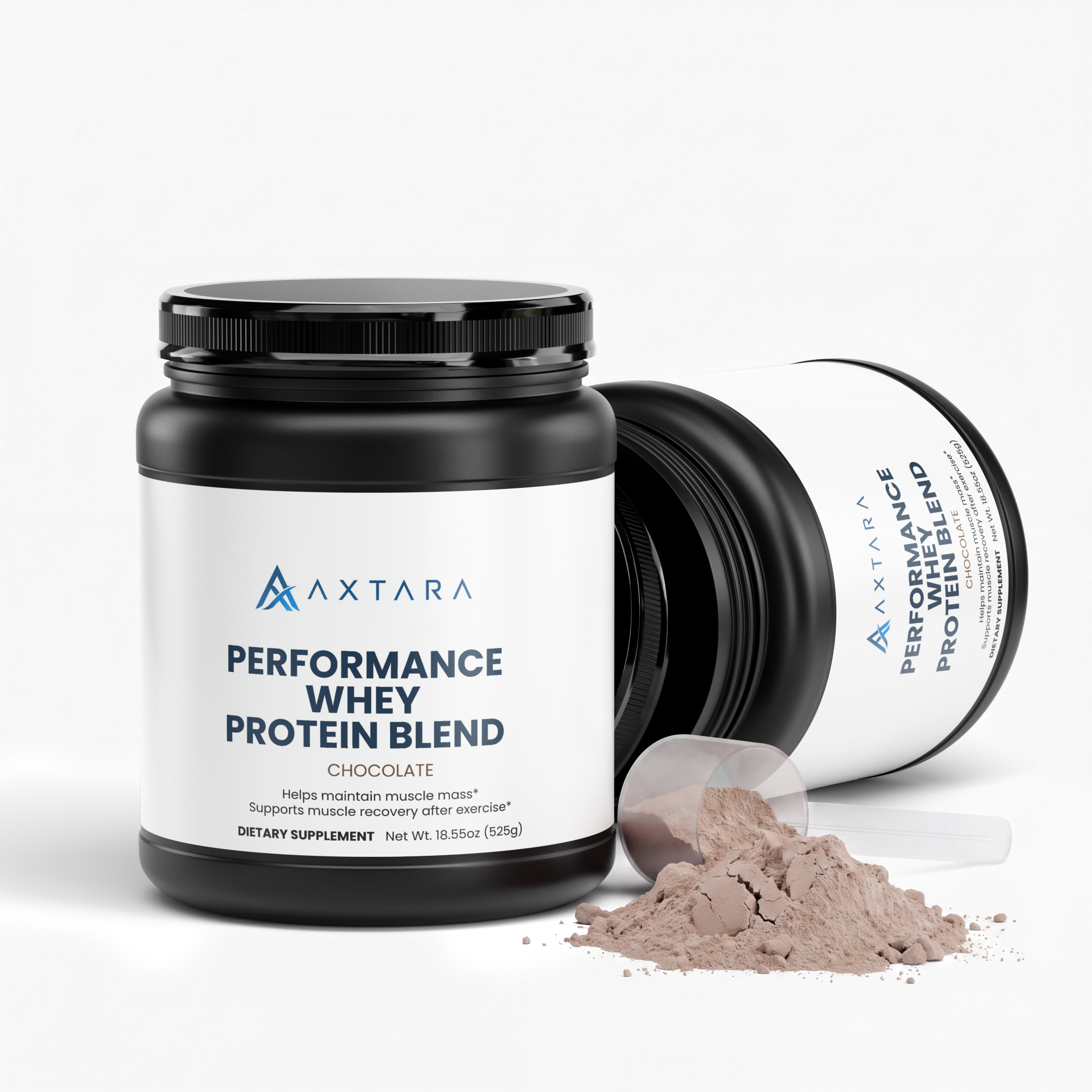AXTARA Whey Protein Chocolate tub, angled view