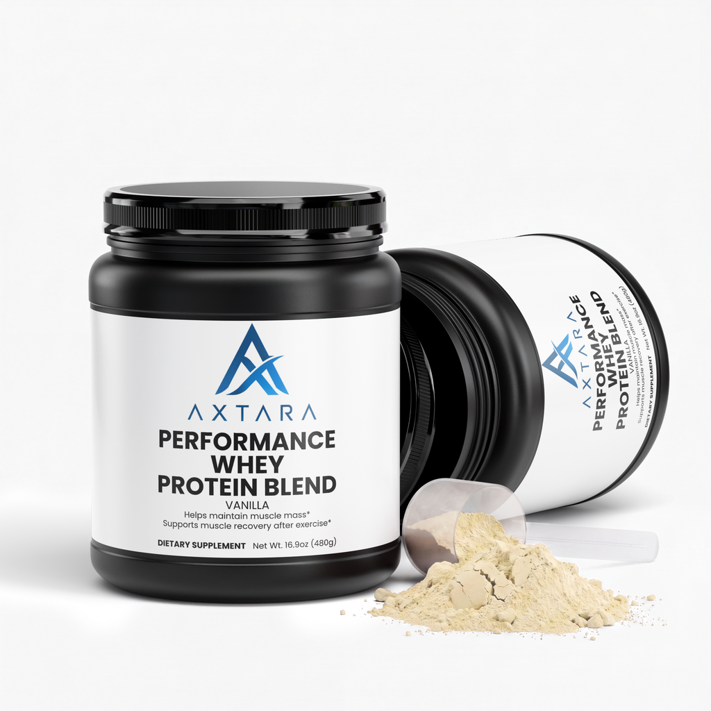 AXTARA Whey Protein Vanilla tub, angled view