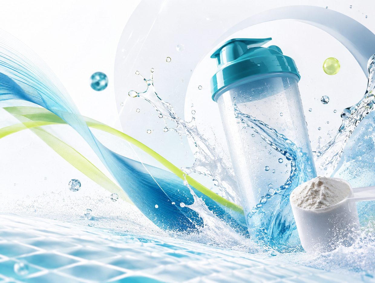 Water and electrolyte powder in motion in AXTARA brand colors